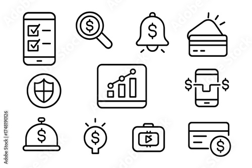 Fintech Icons Set. Line style icons of fintech in subscription economy: subscription tracker app, budgeting tool icon, smart