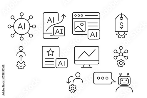 AI Subscription Icons. Line style icons of AI-driven subscriptions: AI recommendation badge, predictive billing symbol, smart