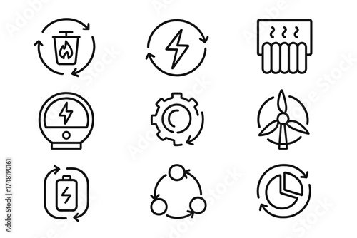 Energy Efficiency Icons. Line style icons of energy loops and efficiency: waste-to-energy icon, closed energy cycle, heat recovery