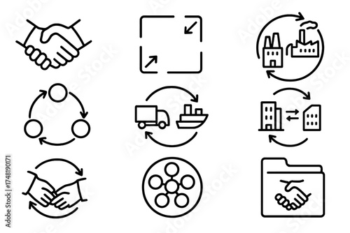 B2B Circular Collaboration Icons. Line style icons of B2B circular collaboration: business handshake for reuse, shared resource