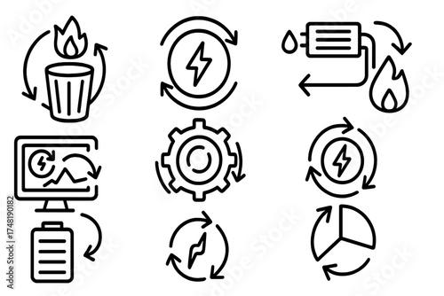 Energy Efficiency Icons. Line style icons of energy loops and efficiency: waste-to-energy icon, closed energy cycle, heat recovery