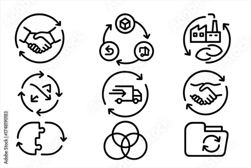 B2B Circular Collaboration Icons. Line style icons of B2B circular collaboration: business handshake for reuse, shared resource