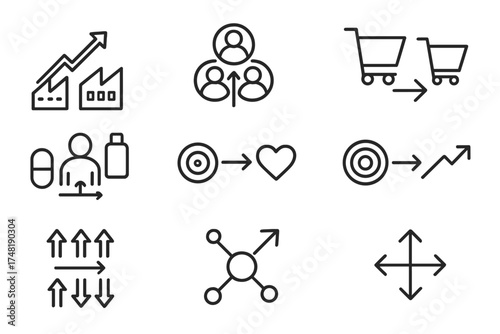 Six Paths Icons. Line style icons of six paths framework: industry comparison path, strategic group path, buyer group shift,