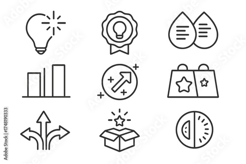 Strategic Differentiation Icons. Line style icons of strategic differentiation: uniqueness spark, innovation badge, feature