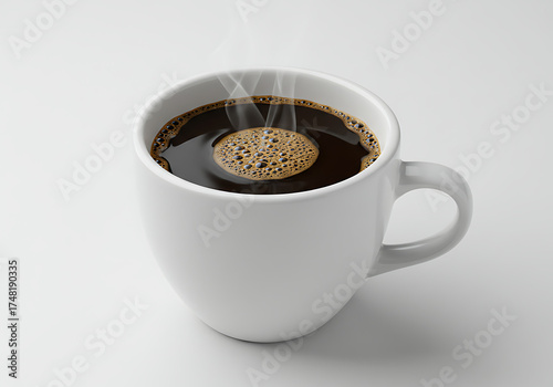 A steaming cup of black coffee in a white mug, with visible bubbles on the surface.