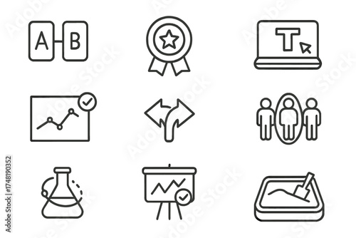 Strategic Experiment Icons. Line style icons of strategic experimentation: A/B test icon, pilot launch badge, trial version icon,