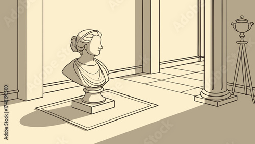 A classical-style bust illustration with columns and a side table.