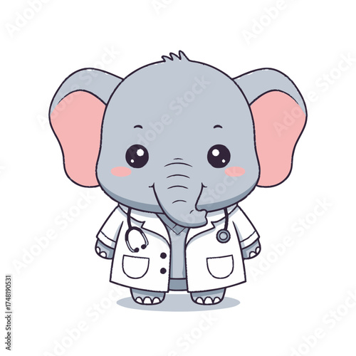 Cute Chibi Elephant Doctor Vector Illustration