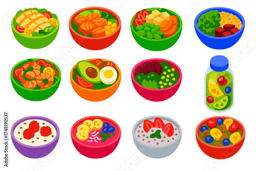 Colorful Fitness Bowls. Isometric vector illustration set Fitness bowls: protein salad with chicken, salmon poke bowl, tofu with