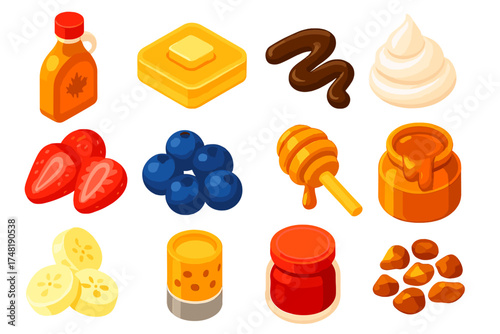 Sweet Topping Icons. Isometric vector illustration set Sweet toppings: maple syrup bottle, butter square on pancake, chocolate