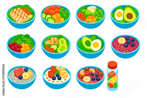 Colorful Fitness Bowls. Isometric vector illustration set Fitness bowls: protein salad with chicken, salmon poke bowl, tofu with