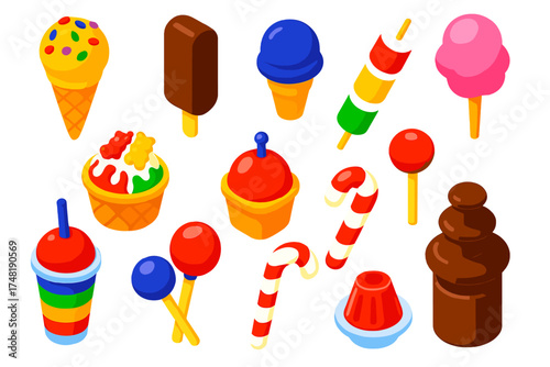 Colorful Kids Treats. Isometric vector illustration set Kids treats: ice cream cone with sprinkles, chocolate popsicle, bubble gum
