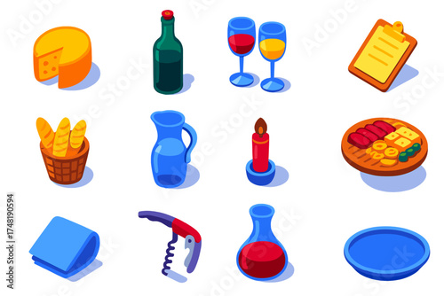 Wine Tasting Icons. Isometric vector illustration set Wine tasting event: cheese wheel wedge, wine bottle uncorked, glasses with