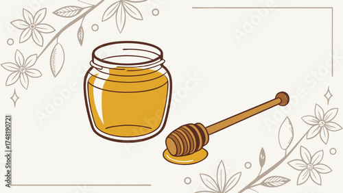 A jar of honey and a honey dipper with floral elements in a minimalist style.