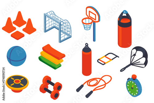 Isometric Training Gear Icons. Isometric vector illustration set Training gear: cones set, football goal, basketball hoop, agility