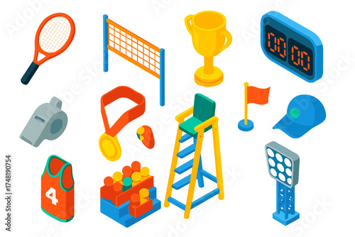Sports Tournament Icons. Isometric vector illustration set Professional tournaments: tennis racket, volleyball net, golden trophy,