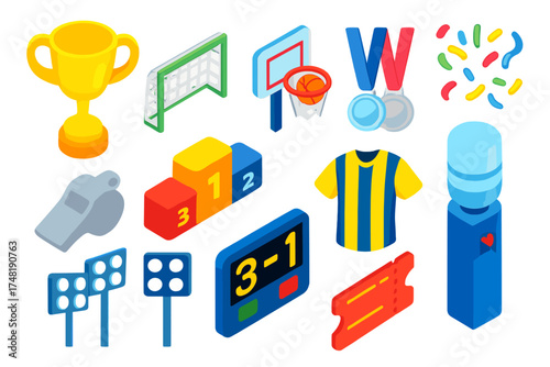 Sports Icons Collection. Isometric vector illustration set Sports tournament: golden trophy, football goal net, basketball hoop