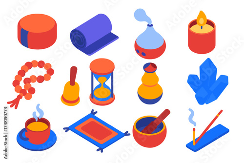 Mindfulness Tools Icons. Isometric vector illustration set Mindfulness tools: meditation cushion, yoga mat flat, aromatherapy