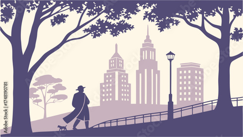 A person walking a dog in a city park silhouette vector illustration.