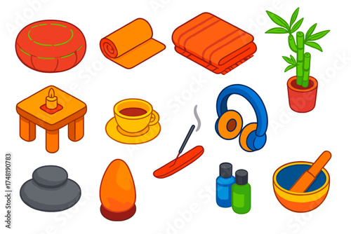 Home Meditation Essentials. Isometric vector illustration set Home meditation: meditation cushion, yoga mat folded, blanket, low