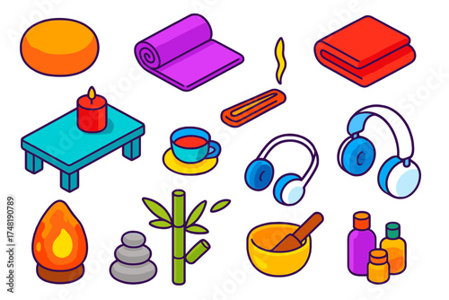 Home Meditation Essentials. Isometric vector illustration set Home meditation: meditation cushion, yoga mat folded, blanket, low