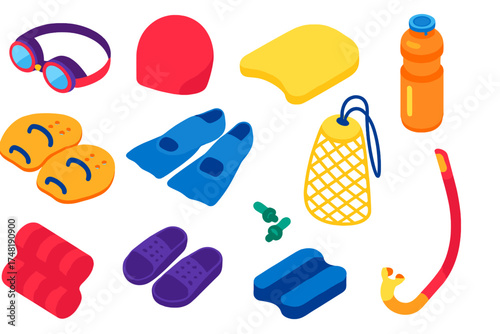 Colorful Pool Accessories. Isometric vector illustration set Pool accessories: goggles pair, swim cap, kickboard, fins, paddles,