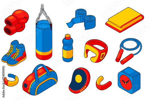 Boxing Gear Icons. Isometric vector illustration set Boxer accessories: gloves, punching bag, hand wraps, towel, shoes, water