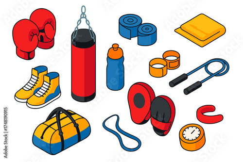 Boxing Gear Icons. Isometric vector illustration set Boxer accessories: gloves, punching bag, hand wraps, towel, shoes, water