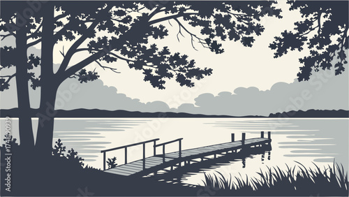 A Serene Lakeside Scene with Silhouette Trees and Wooden Pier.