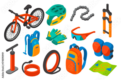 Bold Mountain Biking Icons. Isometric vector illustration set Mountain biking: mountain bike, helmet, bike chain, suspension fork,