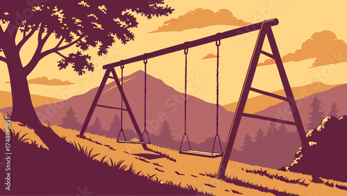 A serene illustration of a swingset with a scenic view.