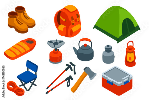 Vibrant Camping Gear Icons. Isometric vector illustration set Camping gear: hiking boots, rucksack, tent, sleeping bag, camp stove