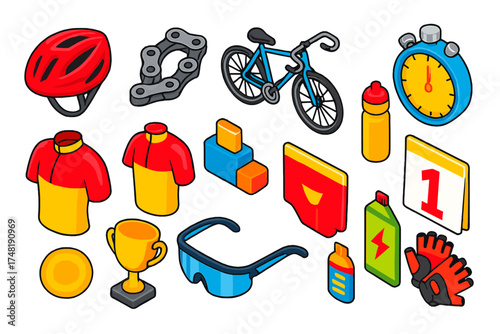 Cycling Competition Icons. Isometric vector illustration set Cycling competition: racing helmet, chain, road bike, stopwatch,