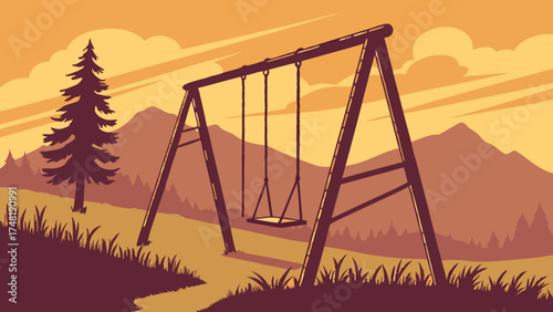 A Serene Sunset Landscape with a Silhouette Swing Set.