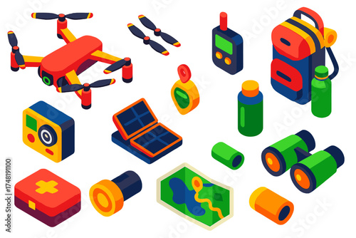 Colorful Drone Exploration Set. Isometric vector illustration set Drone maintenance: propeller set, remote controller, toolkit,