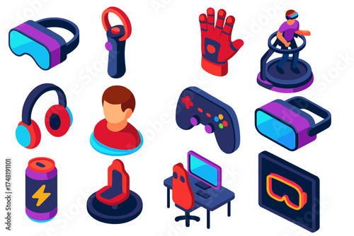 Immersive Gaming Icons. Isometric vector illustration set Immersive gaming: VR headset, motion controller, haptic gloves,