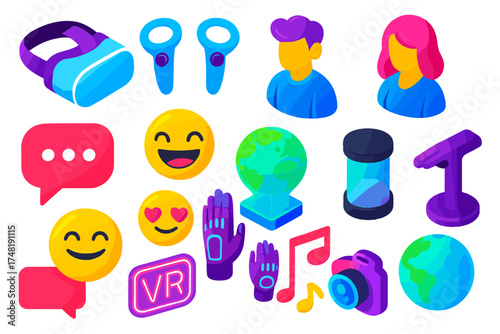 VR Experience Icons. Isometric vector illustration set VR social experience: headset, motion controllers, avatars, chat bubbles,