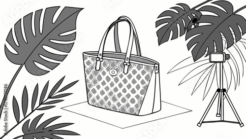 A stylish tote bag with floral design surrounded by tropical leaves and a camera tripod vector illustration.