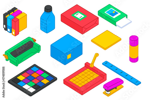 Colorful Printing Supplies Icons. Isometric vector illustration set Printing supplies: ink cartridges, toner container, ream of