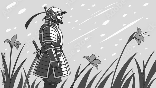 A stylized illustration of a warrior in armor with a sword amidst floral elements in monochrome.