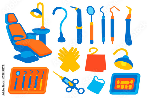 Dental Tools Isometric Illustration. Isometric vector illustration set Dental care tools: dentist chair, suction tube, dental