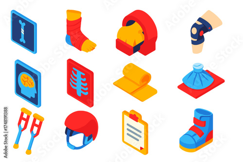 Sports Injury Icons. Isometric vector illustration set Sports injury scans: leg fracture X-ray, ankle sprain support, shoulder MRI