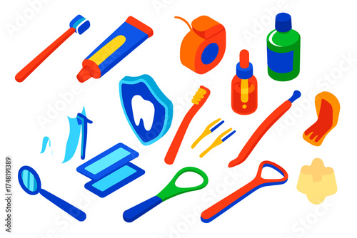 Oral Care Essentials. Isometric vector illustration set Preventive oral care: toothbrush, toothpaste, floss, mouthwash, fluoride