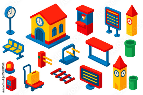 Train Station Icons. Isometric vector illustration set Train station elements: station building, ticket counter, waiting chair,