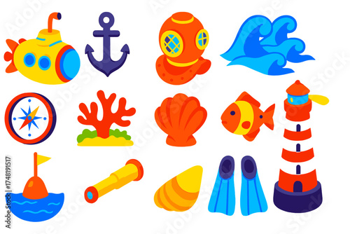 Ocean Exploration Icons. Isometric vector illustration set Ocean exploration: submarine, anchor, diving helmet, waves, compass,
