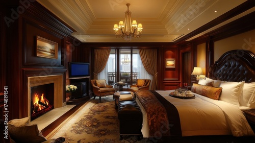 Luxury hotel bedroom with fireplace and balcony