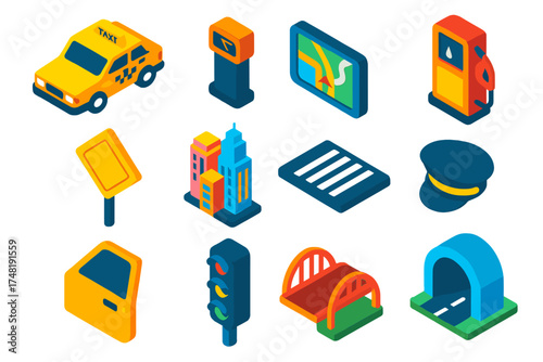 City Transport Icons. Isometric vector illustration set City transport icons: taxi cab, taxi meter, GPS navigation, gas pump, road