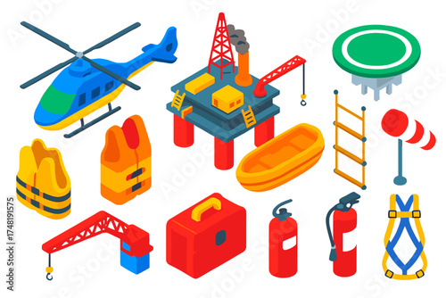 Offshore Transport Icons. Isometric vector illustration set Offshore transport: helicopter, rotor blades, oil rig, landing deck,