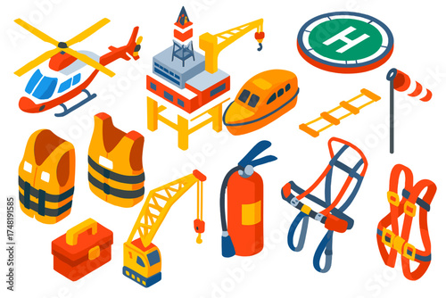 Offshore Transport Icons. Isometric vector illustration set Offshore transport: helicopter, rotor blades, oil rig, landing deck,