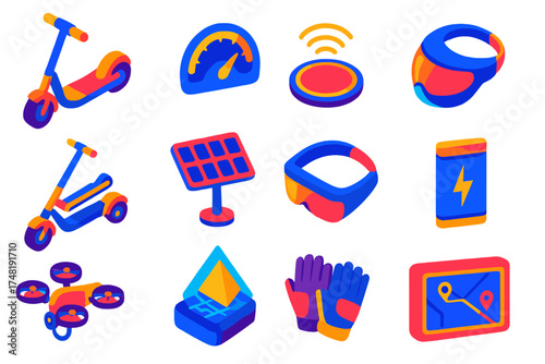 Future Mobility Icons. Isometric vector illustration set Future mobility: futuristic scooter, digital speedometer, wireless